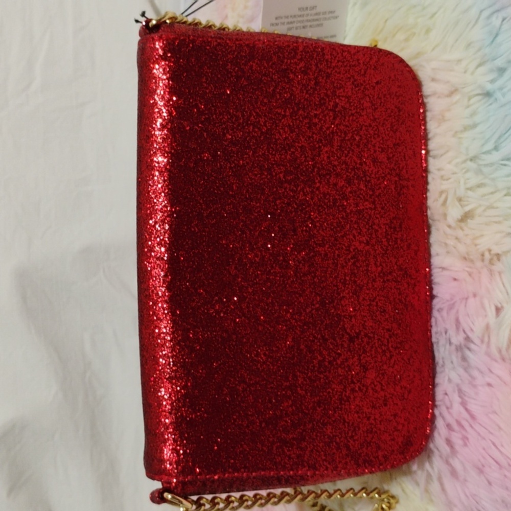 FLASH SALE! NWT Jimmy Choo Parfums Red Glitter Crossbody Bag Gold Chain Strap - Picture 6 of 12